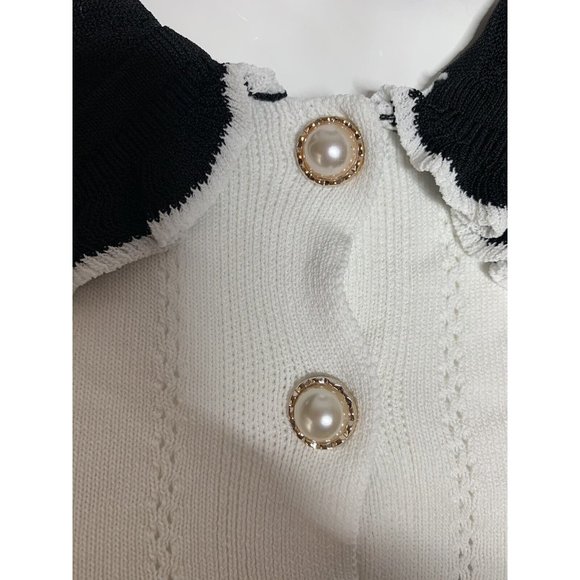 ZARA Sweater S White Black Collared Knit Long Sleeves Crop Top Stretch Button Up - Picture 5 of 6